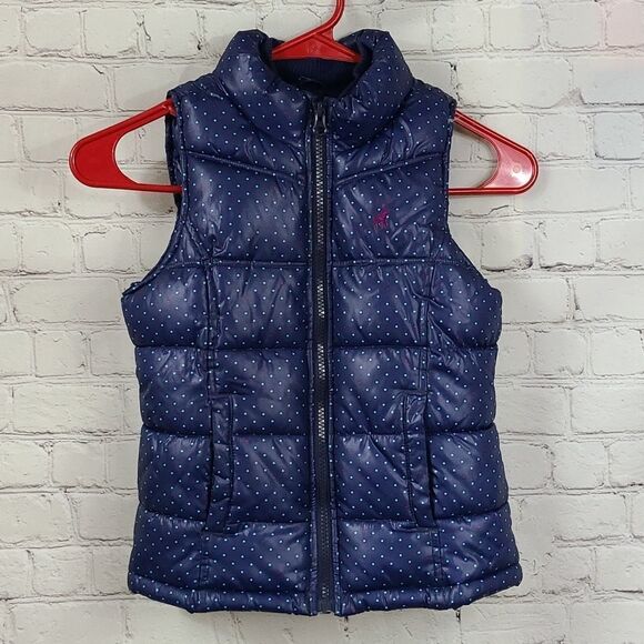 Old Navy Girls Blue Dotted Puffer Vest Fleece Lined Sleeveless Insulated Jacket - Picture 1 of 8